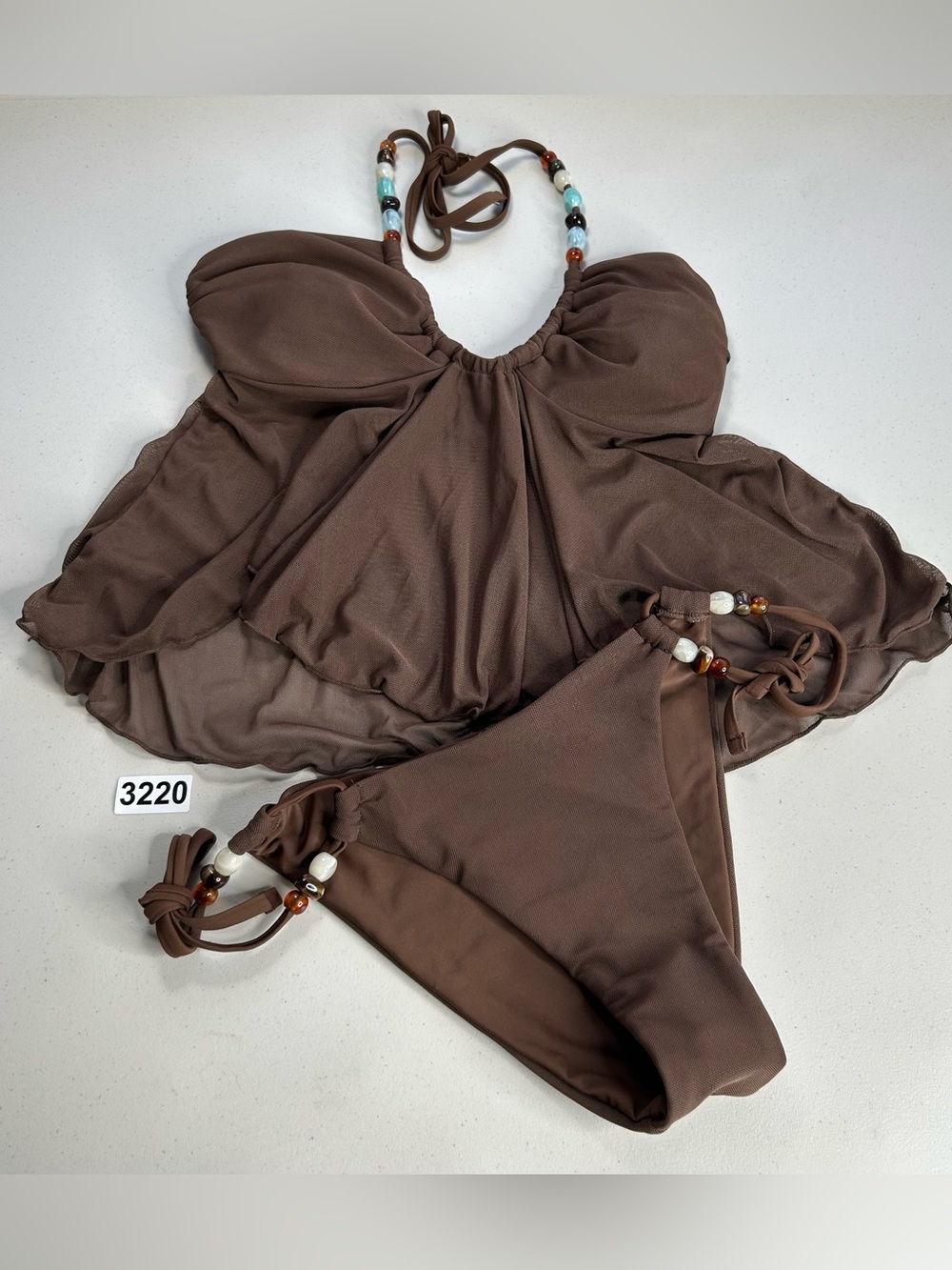 Samiol Tankini Bikini Set S Small Brown Irregular Hem Contrast Beaded Swimwear